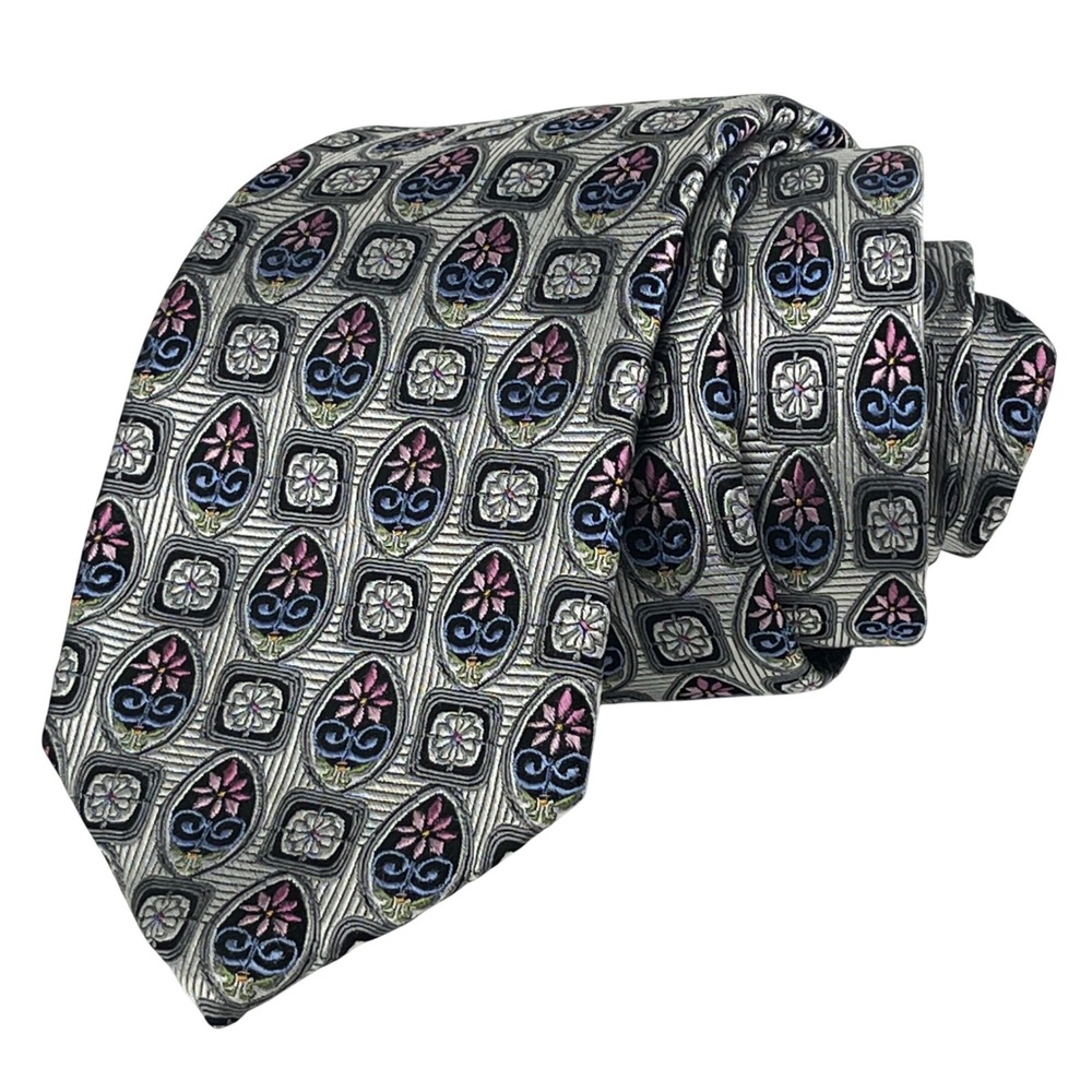Jos. A. Bank Tie Mens Silver Black Floral Medallion Silk Signature Gold USA